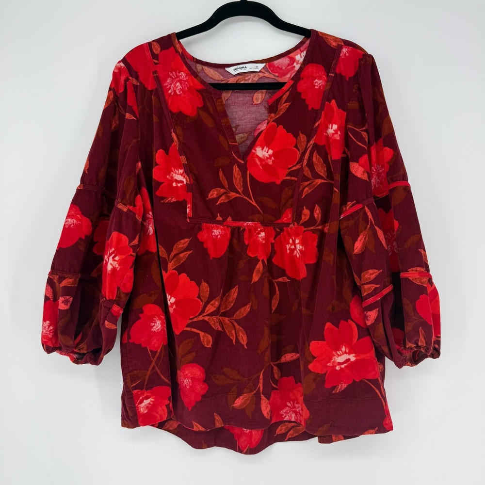 Sonoma Corduroy Blouse Women 2X Burgundy Red Floral Balloon Sleeve Boho Feminine
